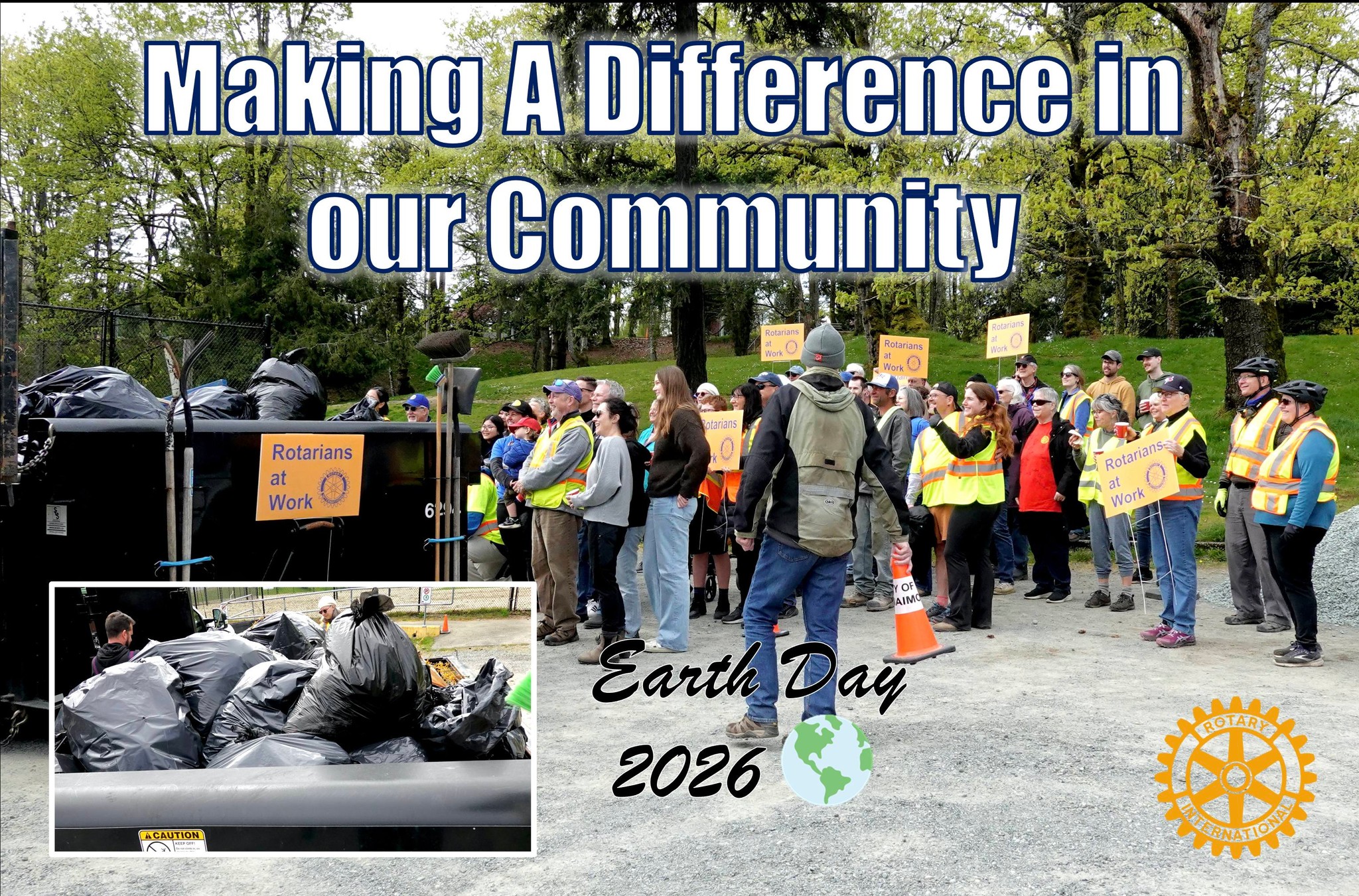 A group of people from the Rotary Clubs of Nanaimo and Lantzville with piles of trash collected for Earth Day 2026